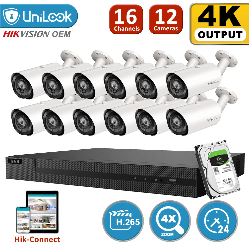 

Сетевой видеорегистратор UniLook, 16 каналов, 12 шт., 4K, 8 Мп, POE IP-камера, комплект NVR, система безопасности, объектив 2,8-12 мм, 4-кратный зум, IP66, ночное ...