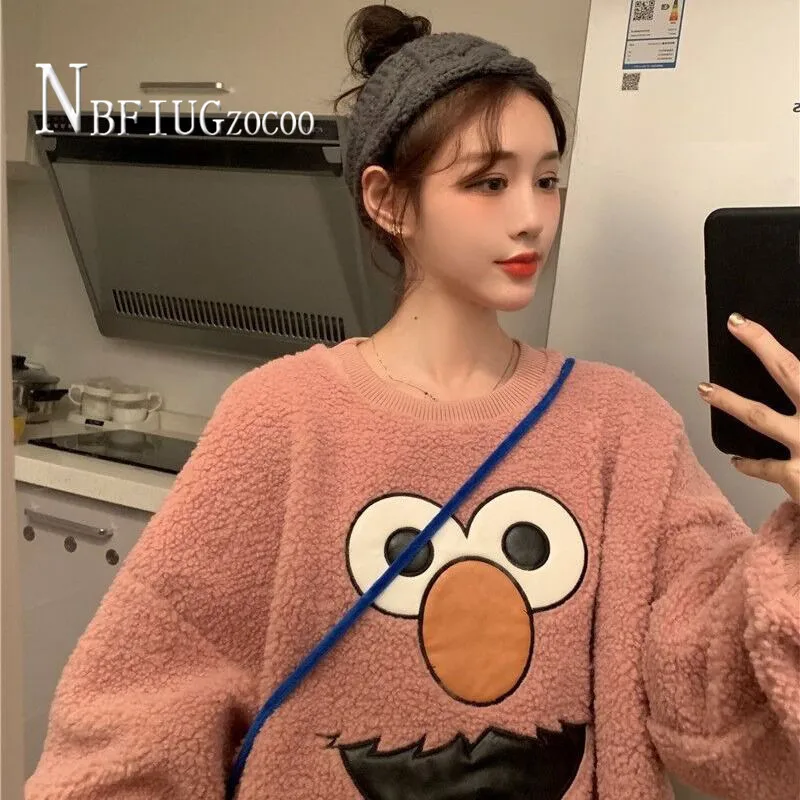 

Women Fleece Sweatshirt Warm Round Neck Thick Cartoon Fashion Ladies Pullovers Sweatshirt Tops