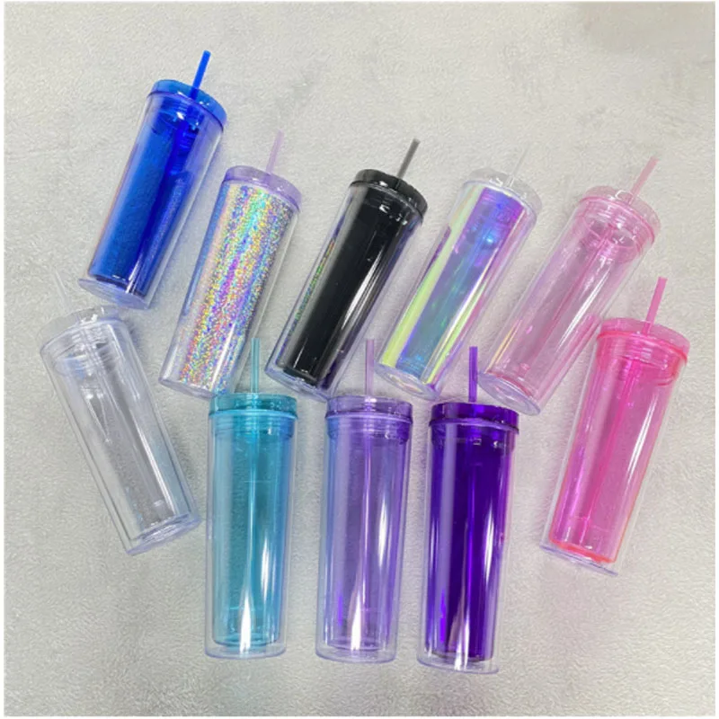 16oz 19oz color changing cup double-layer plastic straw with cover acrylic straight cup travel water cup tumbler wedding gift