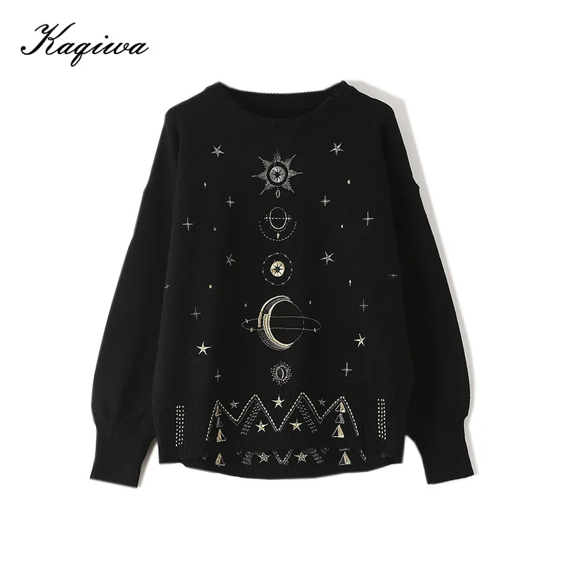 2020 autumn and winter new women's wear round neck gold thread celestial body pattern embroidery lazy wind loose top B-049 | Женская