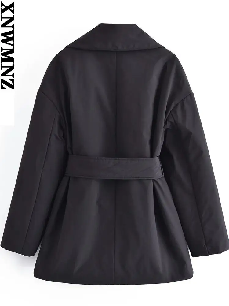 XNWMNZ 2022 water and wind protection quilted jacket with belt coat Women lapel collar long sleeve jacket female Winter Black