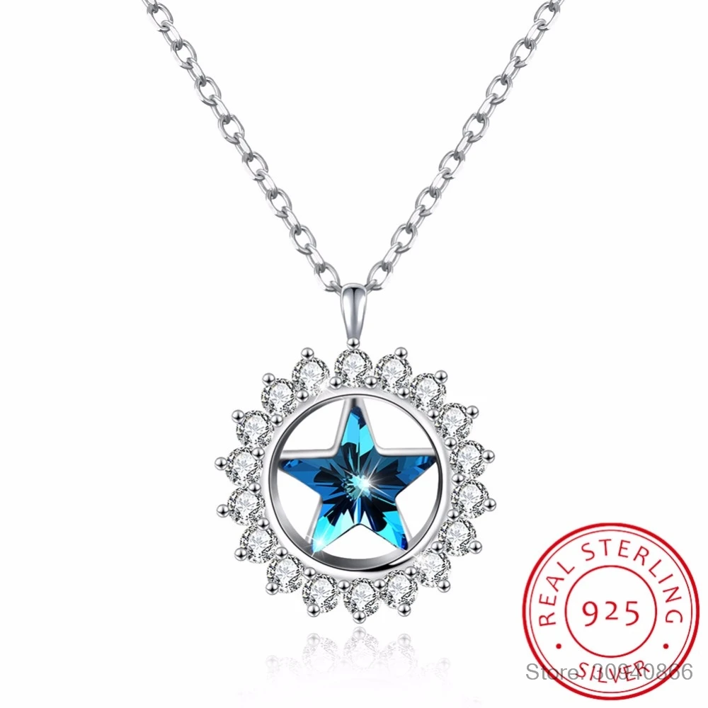 

LEKANI кристаллами синего ожерелья со звездами Подвески реальные 925 Серебряная цепочка Ожерелье для Для женщин шикарные подарки, хорошее ювел...