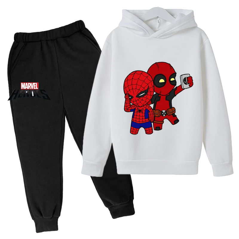 Spiderman- Tracksuits Kids Hoodies Boy Girl Sweatshirt Clothes Set America Heros Hooded Pants Suit Deadpool- Pullover Sportwear little kid suit