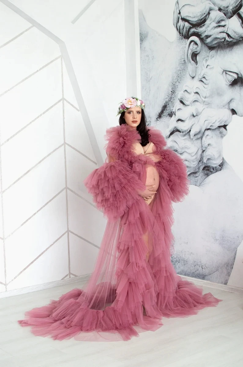 

New Fashion Sexy Dress Photo Shoot Sheer Tulle Robe Women Dresses Long Ruffled Sleeves Maternity Dress for Photography