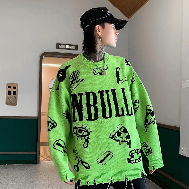 Хип-хоп Pull Homme зеленый свитер с круглым вырезом для мужчин