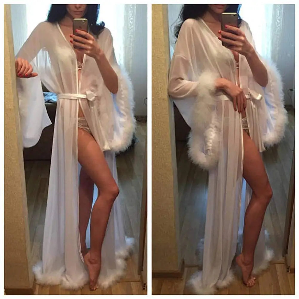 

Women Sexy Feathers Collar Perspective Sheer Long Lingerie Robe Nightgown Bathrobe Pajamas Sleepwear