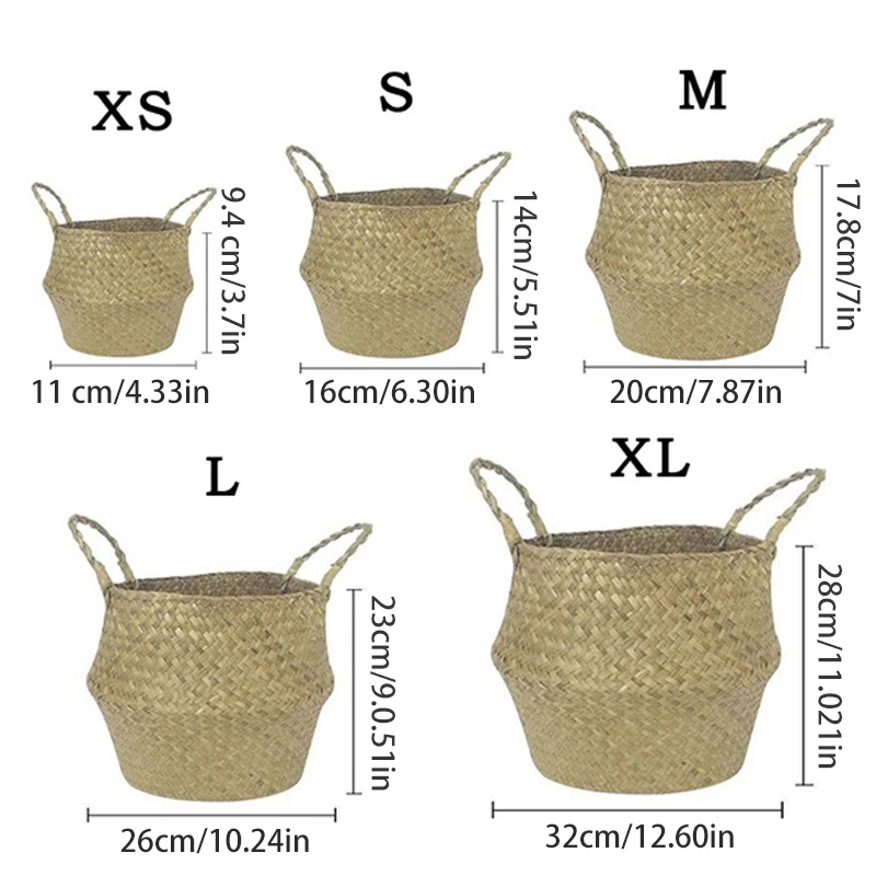 

Natural Seagrass Woven Storage Basket Pot Garden Flower Vase Hanging Wicker Foldable Basket Bellied Basket Storage Container