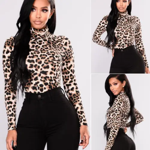 

Fashion Women Sexy Turtleneck Long Sleeve Leopard Print T-Shirt Slim High Street Office Lady Base Casual Top Shirts Plus Size