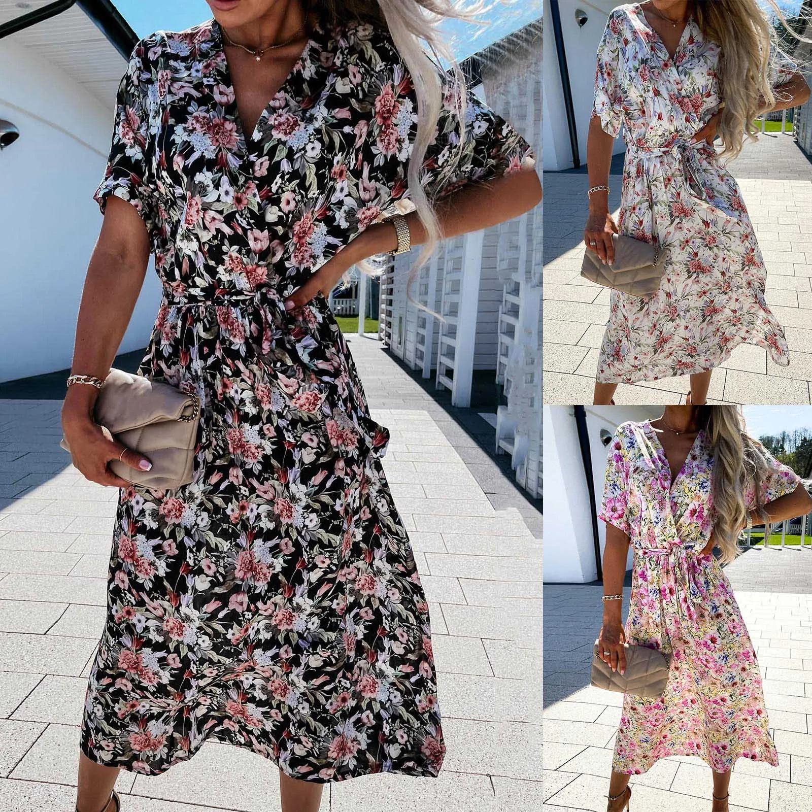 

2022 Fashion Women'S Summer Dresses V-Neck Short Sleeve Waistband Floral Printed Large-Length Midi Dress Casual Daily Streetwear