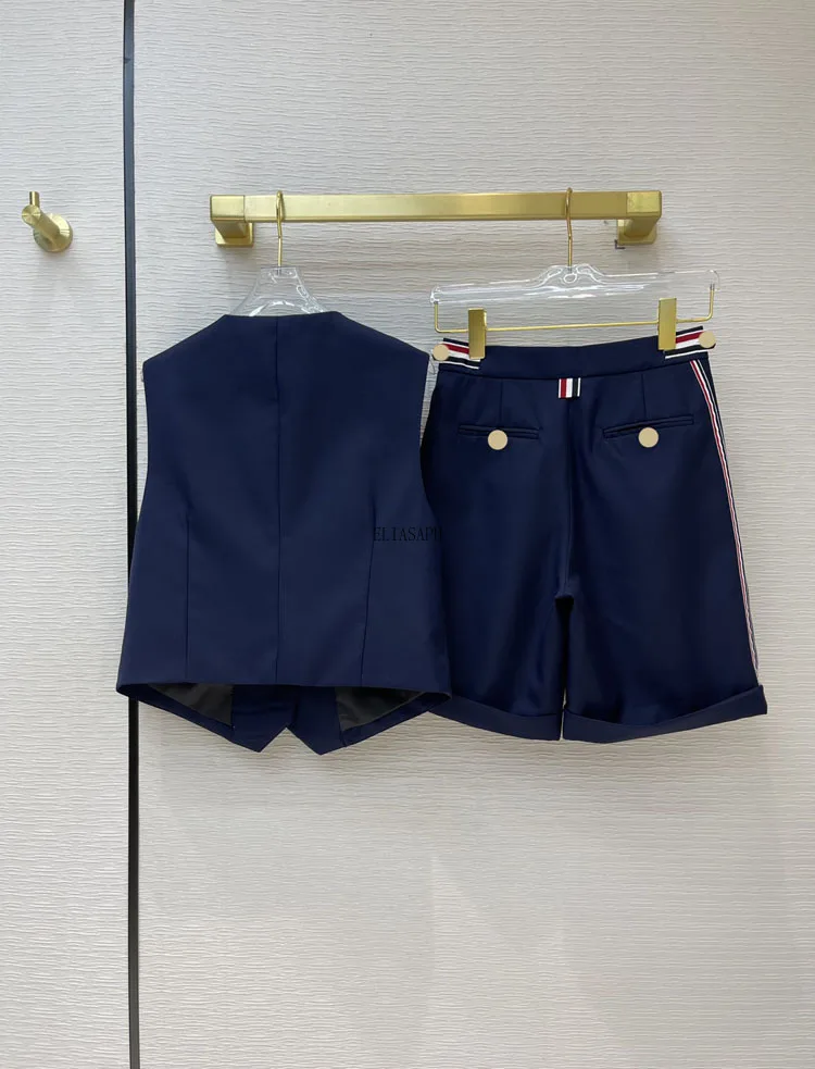 2020 Summer Solid Shorts Set Women High-end Brand Single Breasted V-neck Sleeveless Waistcoats and Knee Length Casual Pants Lady