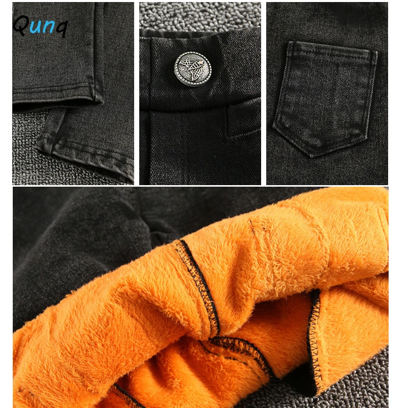 

Qunq Teen Girls Jeans Thick Warm Velvet Kids Skinny Slim Pant for Girl High Elastic Fashion Winter Spring Children Denim Trouser