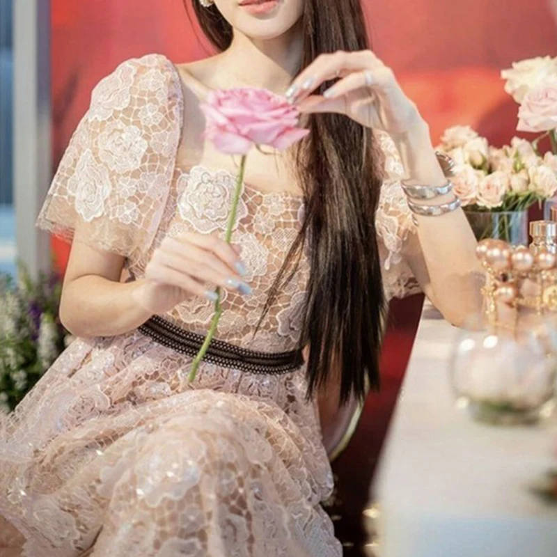 

VGH Pink Elegant Patchwork Lace Dress For Women Square Collar Short Sleeve High Waist Evening Midi Dresses Female Fashion Summer