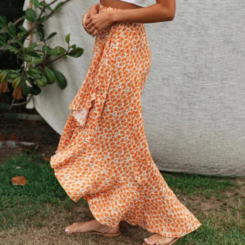 

Sexy Split Wrap Skirt Vintage Print Long Skirts Women High Waist Midi Skirt Bow Tie Summer Ladies Beach Fuffle
