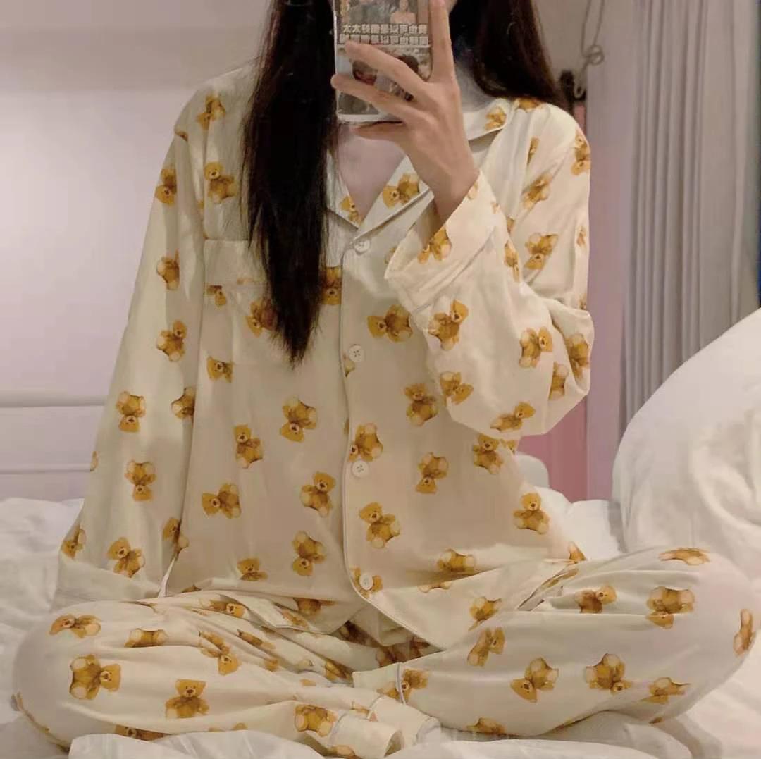 CAIYIER Women Pajamas Suit Autumn Turn-down Collar Yellow Grid Sleepwear Long-sleeved Pants Cartoon Girl Winter Pyjamas Korea