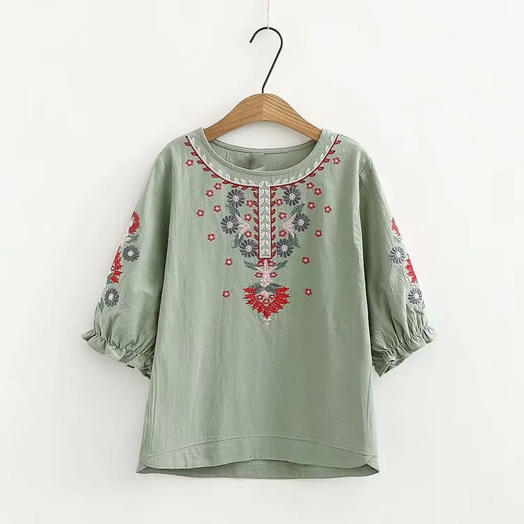 Женская винтажная блузка с цветочной вышивкой Повседневная Свободная пляжная