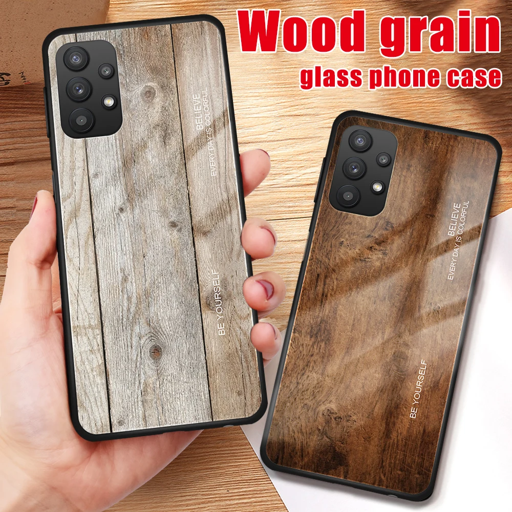 

Luxury Wood Grain Tempered Glass Phone Case For Samsung Galaxy A72 A52 A42 A32 A12 F62 M62 A02S For Samsung Phone Back Cover