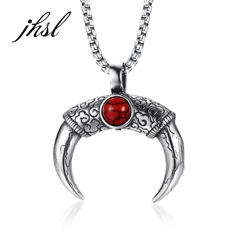 

JHSL Novelty Men Statement Necklace Pendants inlay Blue Red Stone Stainless Steel Silver Color Fashion Jewelry Gift Dropship