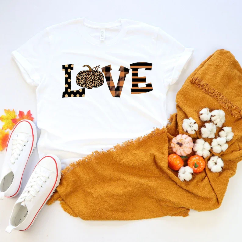 

Love Fall Leopard Print Thanksgiving Pumpkin Shirt Thanksgiving Plaid Short Sleeve Fashion Cotton O Neck Female Clothing Casual