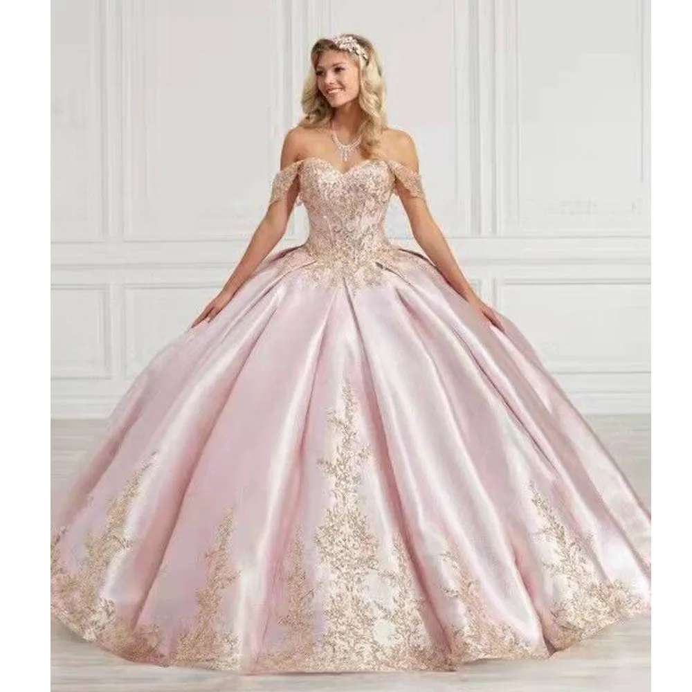

Pink Ball Gown Quinceanera Dresses Sweet 15 Party Pageant Lace Crystal Beads Tulle Scoop Neck Corset