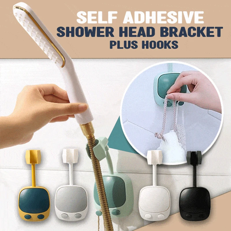 

Self Adhesive Shower Head Bracket Plus Hooks Universal Shower Head Holder Punch-Free Bathroom Bracket Adjustable XH8Z