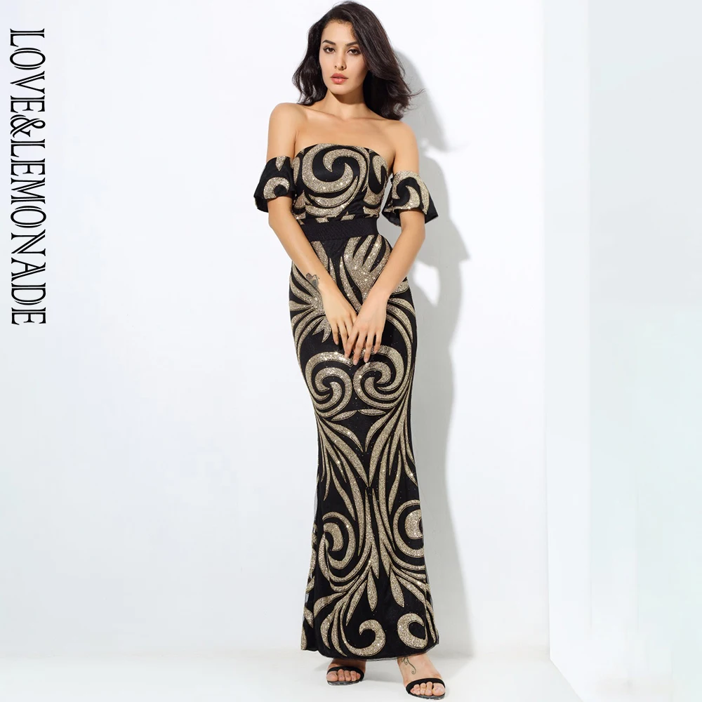 LOVE & LEMONADE геометрический узор бисер Бюстгальтер Длинные платья черный/золотой