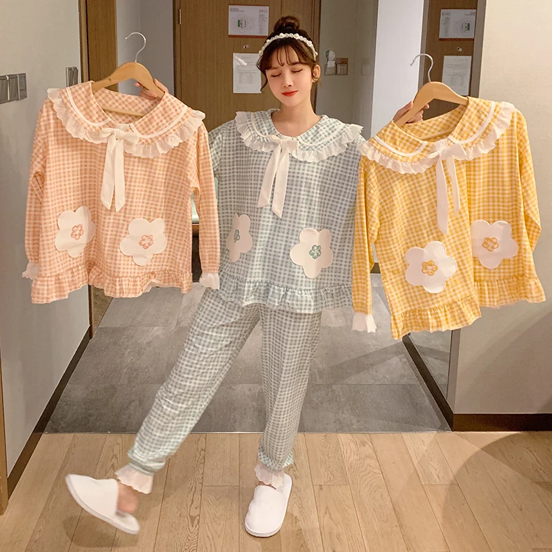 

Pajamas Women's Spring and Autumn Cotton Long Sleeve Cute Sky Blue Princess Style Two-Piece Suit Thin Large Size Summer Home