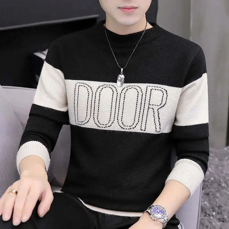 

2021 new net red with tide letters black and white simple contrast stitching couples loose knitted sweater tide
