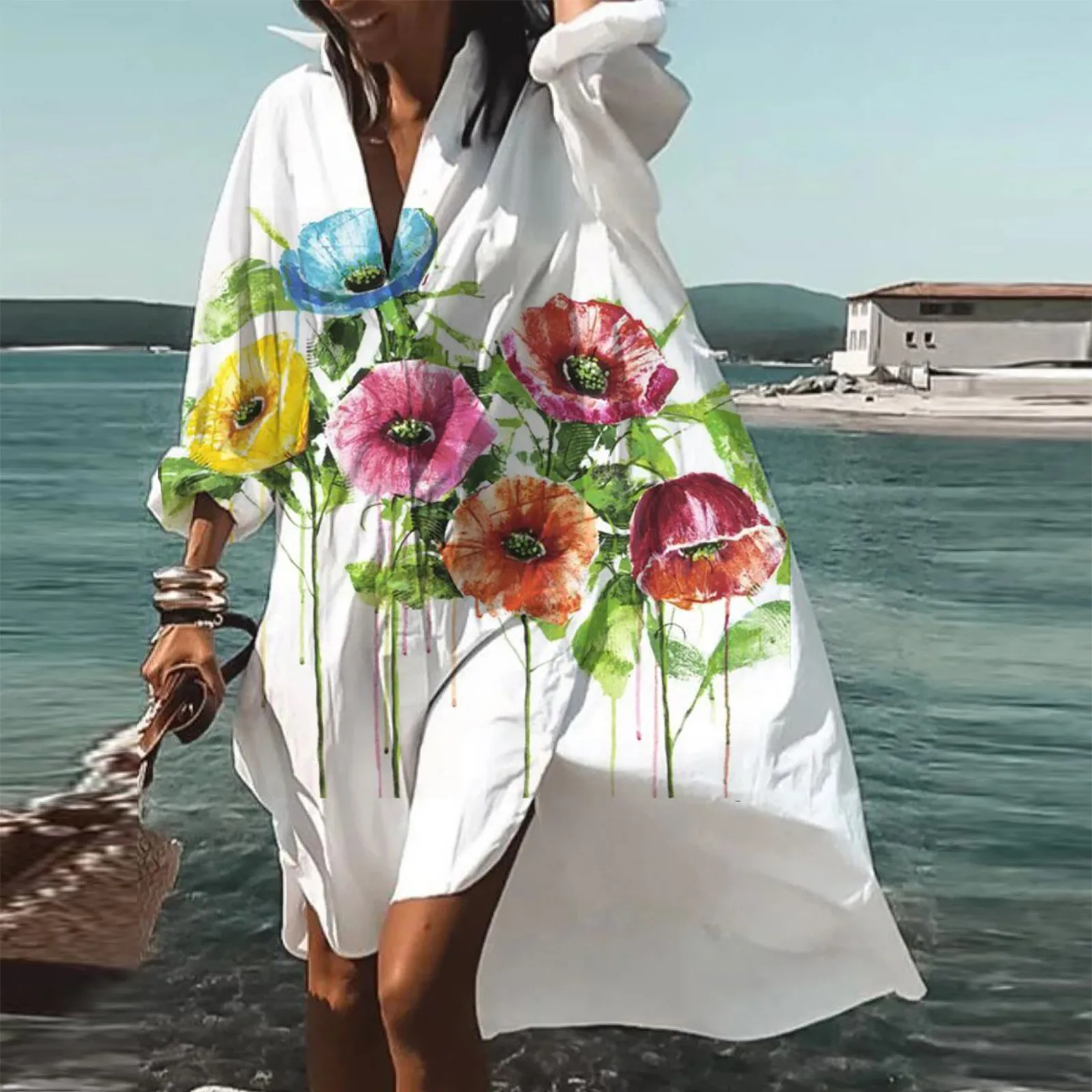 

Женское платье-рубашка с V-образным вырезом и длинным рукавом