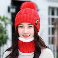 fashion winter warmer women knitted hat rabbit fur pom pom ball soft beanie cap scarf set lady christmas lovely girl party gift