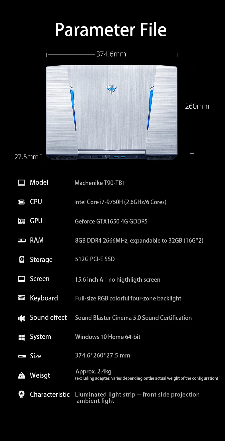 Игровой ноутбук Machenike T90-TB1 i7 144Hz(Intel i7-9750H+ GTX1650/8 GB ram/15,6 '') игровой ноутбук i7