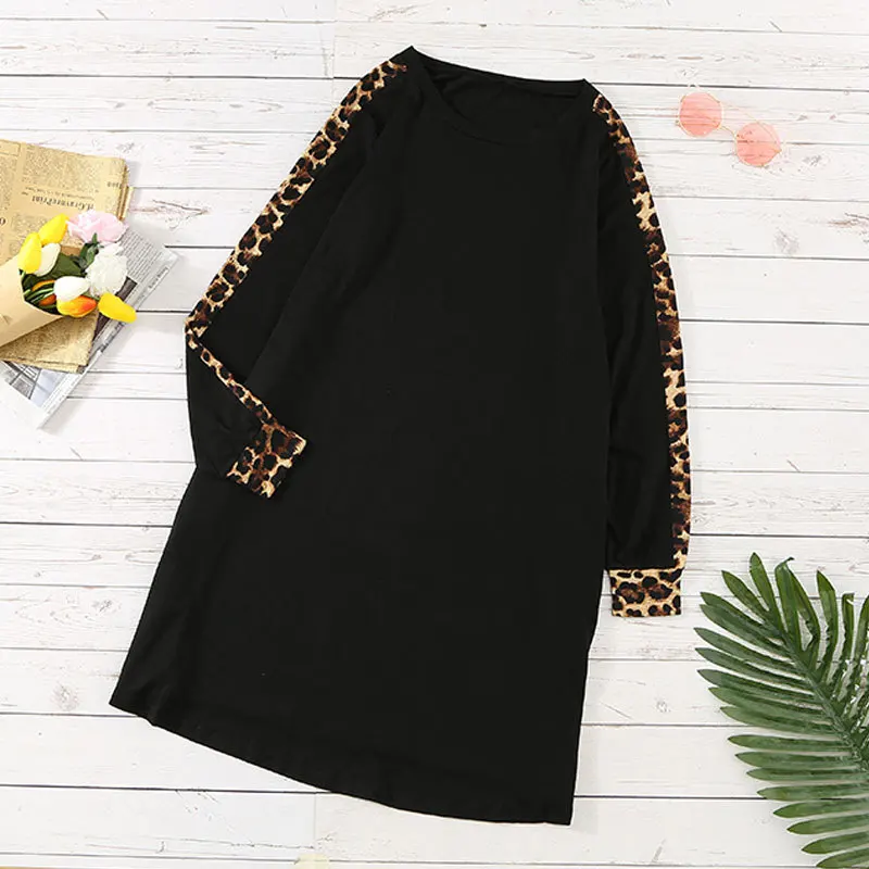 

Sexy Leopard Print Dresses Patterned Long-sleeved Round-necked A-shirt Skirt Loose Casual Sexy Dress Women Cloth