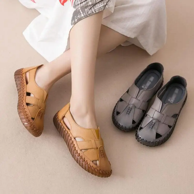 Сандалии женские из натуральной кожи босоножки ручной работы плоская подошва