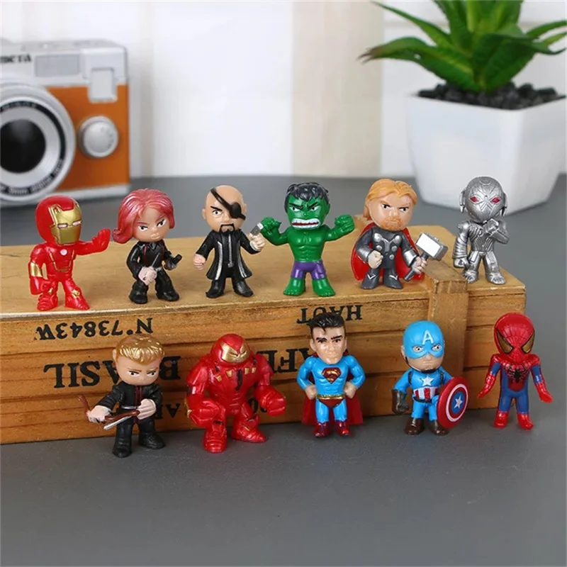 12pcs/Lot Disney The Avengers Superhero Q Version Iron Man Thor Hulk Captain America Spiderman Action Figure Model Doll Toys | Игрушки и