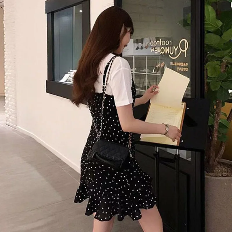 

2020 Women's Sweet Summer Set Short Sleeve Solid T Shirt + Dot Print Mini Camisole Trumpet Dress 2PCS/Set