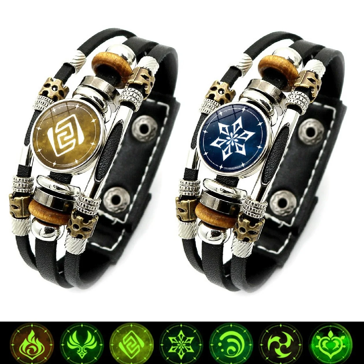 

Fashion New Game Genshin Impact Anime Luminous Bracelet God's Eye 7 Element Multilayer Leather Snap Button Woven Wristbands