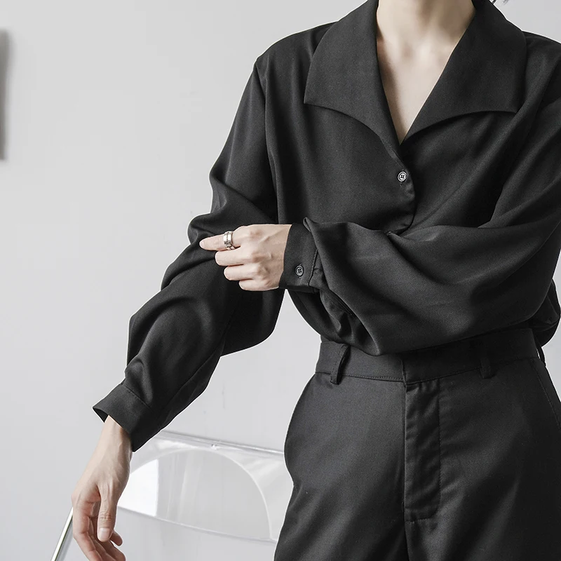 

2021 Shirt Men Vintage Loose Casual Long Sleeve Black White Shirts Tops Women Oversize Korean Streetwear Fashion Dress Shirt Man