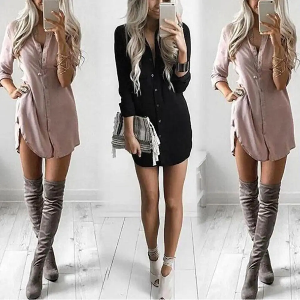 Женское осеннее однотонное свободное платье рубашка с длинным рукавом и