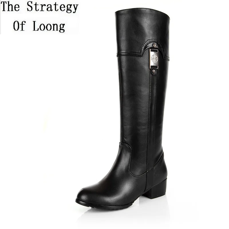 Женские Зимние ботфорты из натуральной кожи на толстом среднем каблуке с круглым