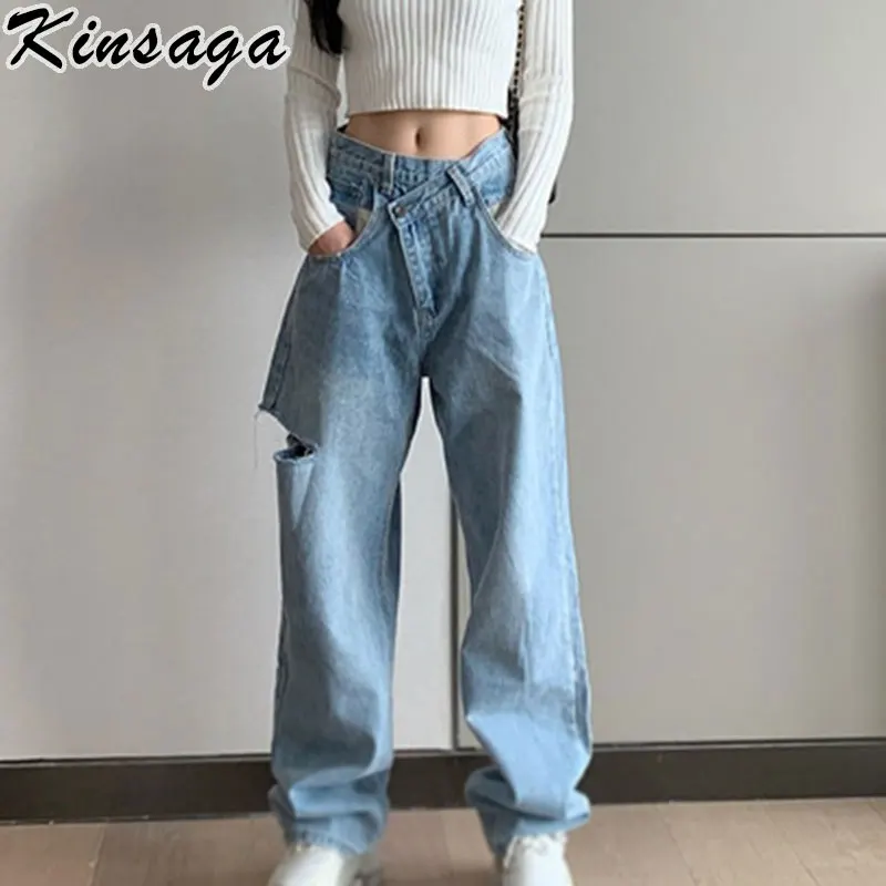 

Y2k Grunge Low Rise Ripped Women Jeans Harajuku Irregular Waist Aesthetic Hole Wide Leg Denim Pants Street Indie Baggy Mom Jeans