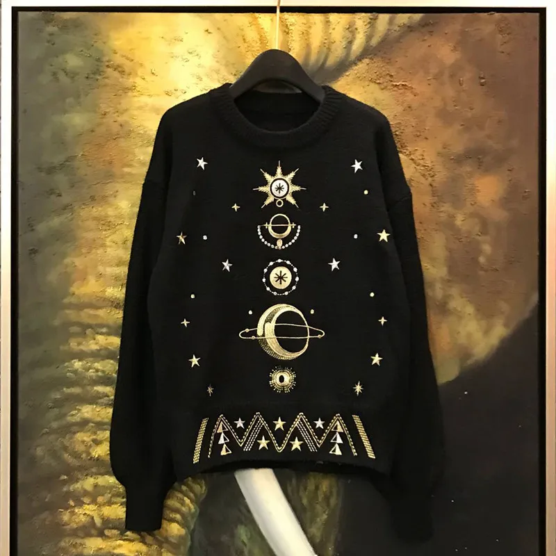 Autumn Winter Female Cosmic Space Pattern Long Sleeves O-neck Knitted Pullover High Quality Women Sweater Jumper Runway Tops | Женская