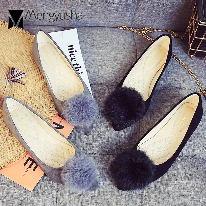 Размера плюс с бубоном меховые шарики туфли лодочки на высоком каблуке плоской
