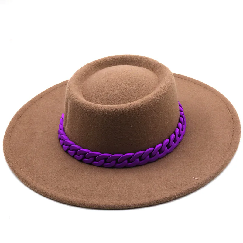 

Fedora Wool Hat Cowboy Hat Women Men Wide Brim Jazz Top Hats with Colorful Chain Summer Autumn Panama Trilby Cap New Fashion