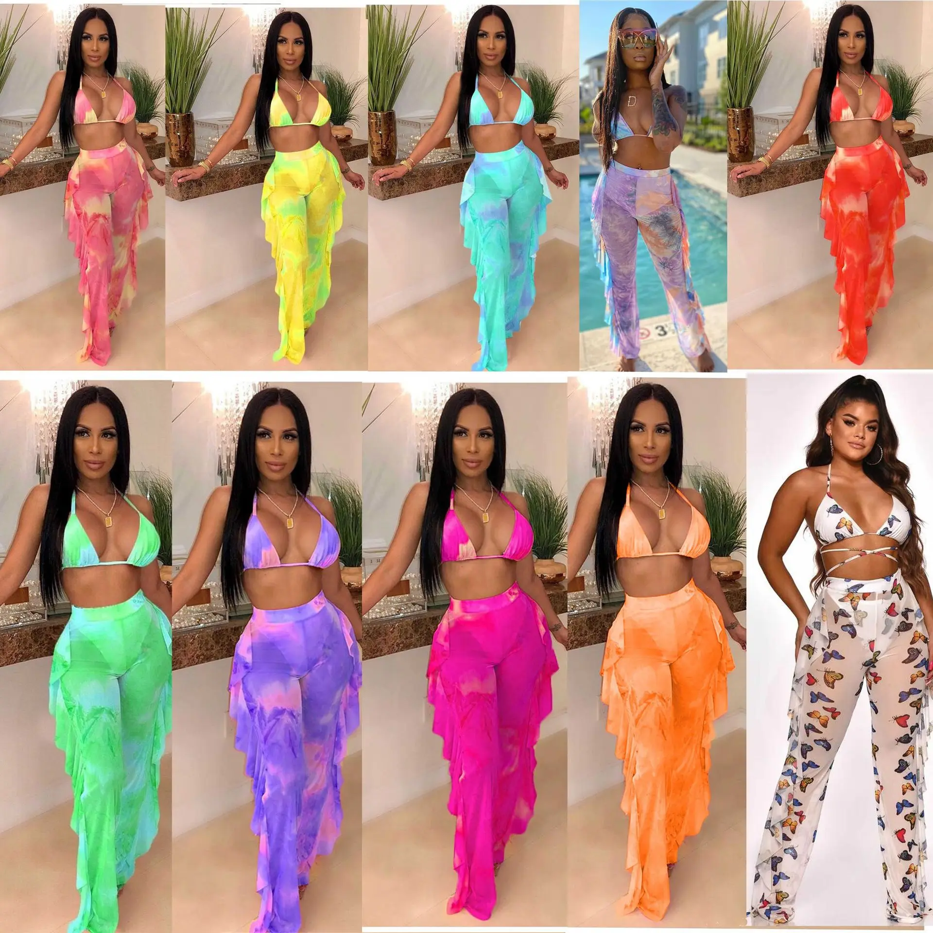 

Casual Women Swimsuit two piece set Crop Top + Long Pants Summer Beach Swimwear For Women