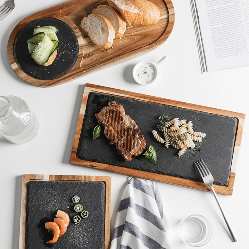 

Solid Wood Lovesickness Western-style Japanese Food Wooden Plate Black Slate Steak Main Course Tray Dessert Dinnerware