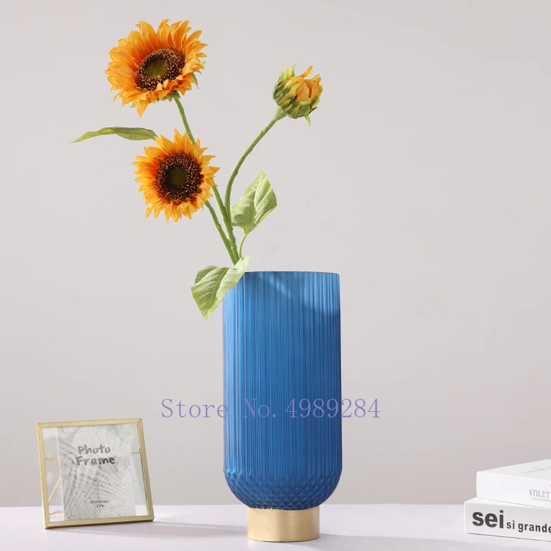 Креативная стеклянная ваза синяя матовая металлическая Золотая современная