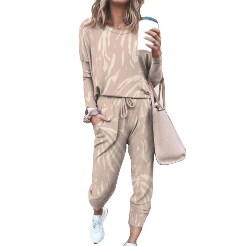 

Women Autumn Tie-Dye Print 2 Pieces Pajamas Set Long Sleeve O-Neck Pullover Tops Drawstring Jogger Pants Sleepwear Home M7DD