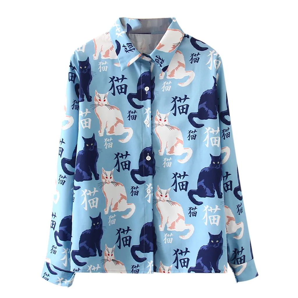 CHAMSGEND женская рубашка блузки Ретро стиль с рисунком кота корейский длинным