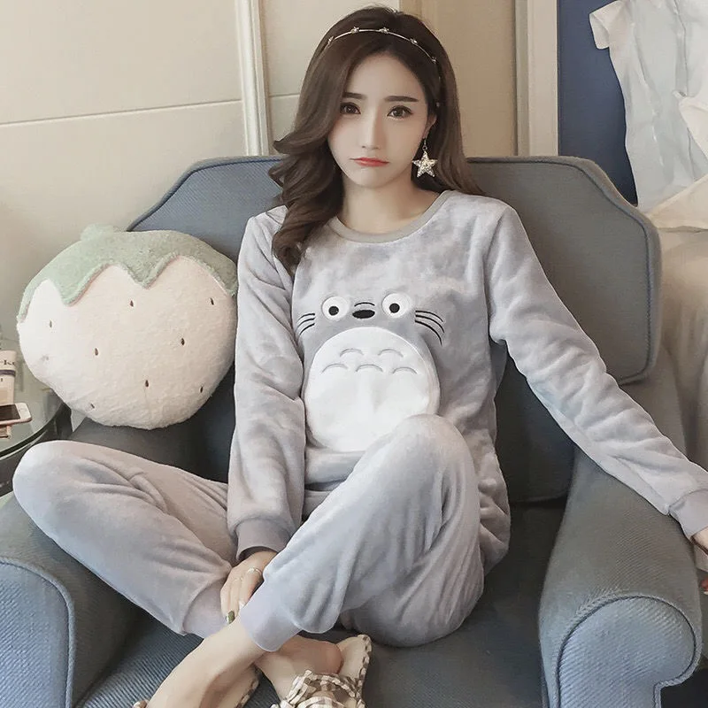 

New 2021 Autumn Winter Warm Flannel Women Pyjamas Sets Thick Coral Velvet Long Sleeve Cartoon Sleepwear Flannel Pajamas Set Girl