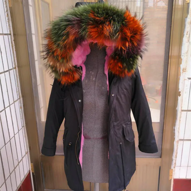 black with purple Oversive thikcer на натуральном меху куртки женская зимняя обувь длинноворсовый мех кролика съемная подкладка пальто из настоящего меха лисы с капюшоном с меховой опушкой, F10 - Цвет: black with purple
