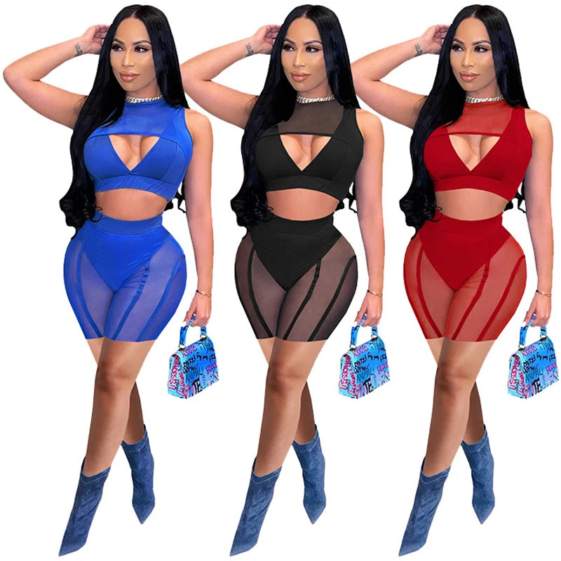 

2021 Solid Mesh Sheer Patchwork Two Piece Set Hollow Out Crop Top And Biker Shorts Sexy Women Summer Club Outfits Bodycon S-XXL